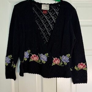 Vintage Susan Bristol Hand Embroidered Floral Crocheted Sweater Size Large